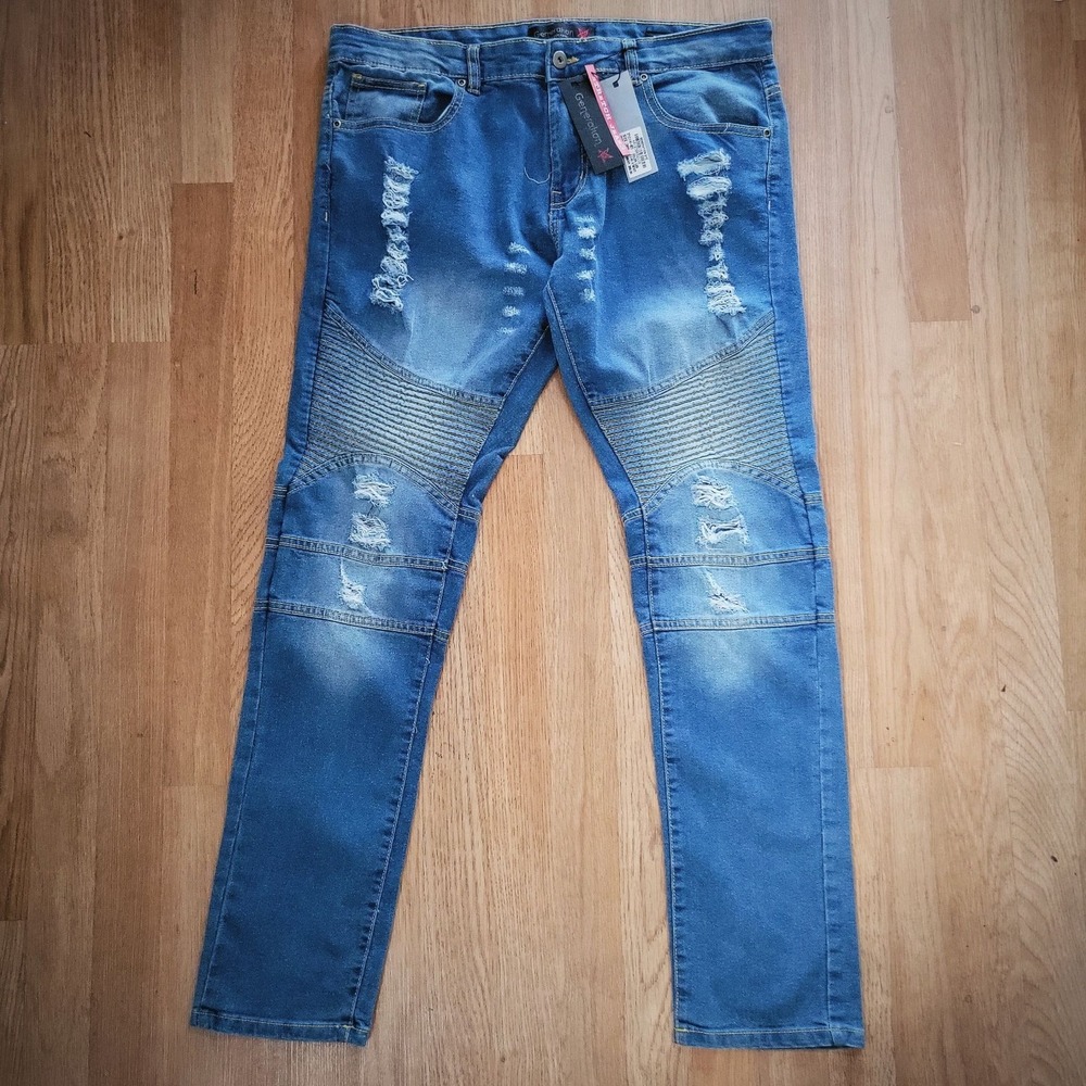 Generation XYZ Jeans Moto Biker Mens 38R Blue Distressed Ribbed Knee Stretch New